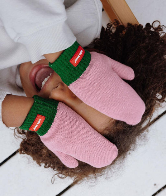 Muffole bicolore per bambini rosa e verdi, in maglia, etichetta rossa, Hello Hossy