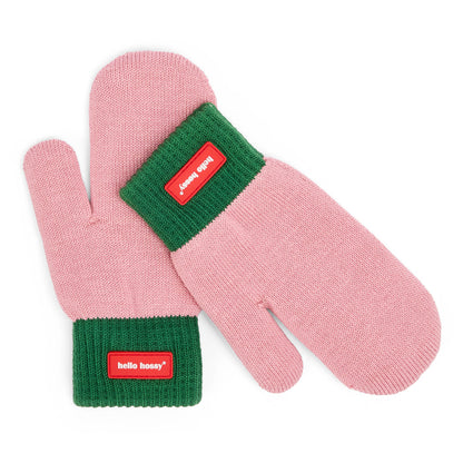 Muffole rosa per bambini con bordo verde, etichetta rossa Hello Hossy