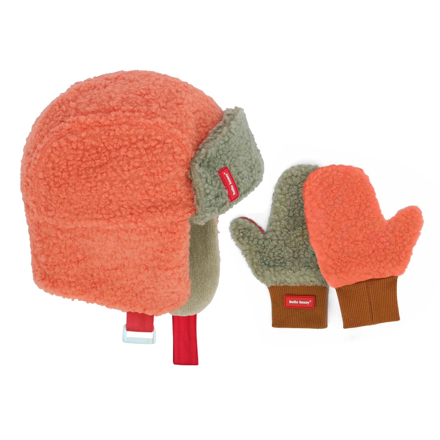 Set invernale da bambino: colbacco arancione e muffole verdi effetto sherpa Hello Hossy