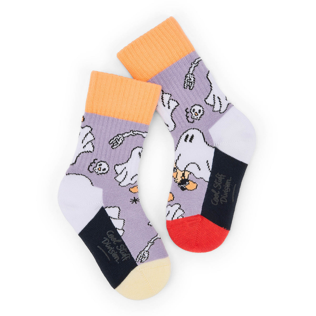 Calzini bambino viola con motivi a fantasmi arancioni, neri e crema Hello Hossy