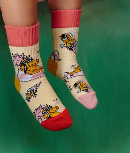 Calzini per bambini gialli stampati con unicorno, tallone rosso, Hello Hossy