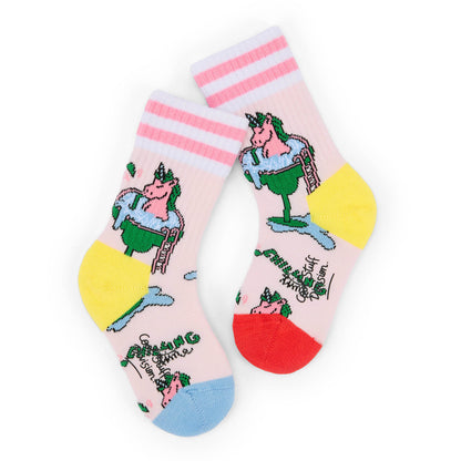 Calzini per bambini rosa con motivo unicorno, tallone giallo e rosso Hello Hossy