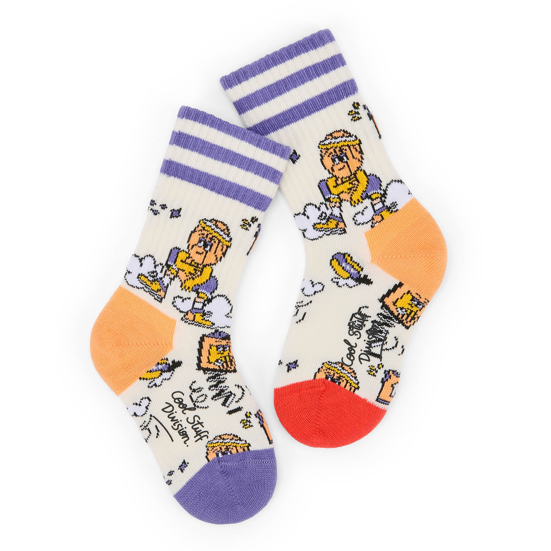 Calzini bambino color crema con motivo Sport e dettagli arancioni e viola Hello Hossy