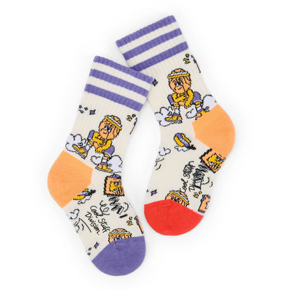 Calzini bambino color crema con motivo Sport e dettagli arancioni e viola Hello Hossy