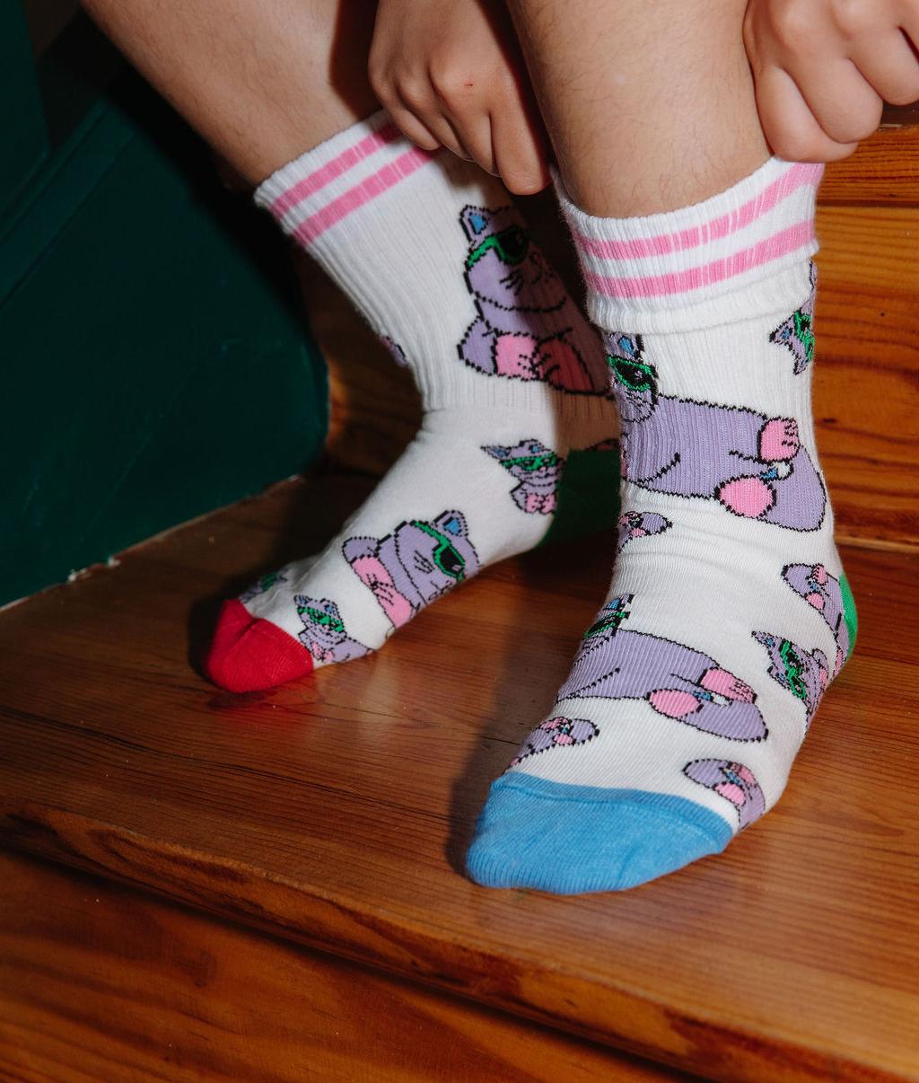 Paio di calzini con motivi di gatti, talloni e punte colorati, indossati da un bambino – foto lifestyle – Hello Hossy
