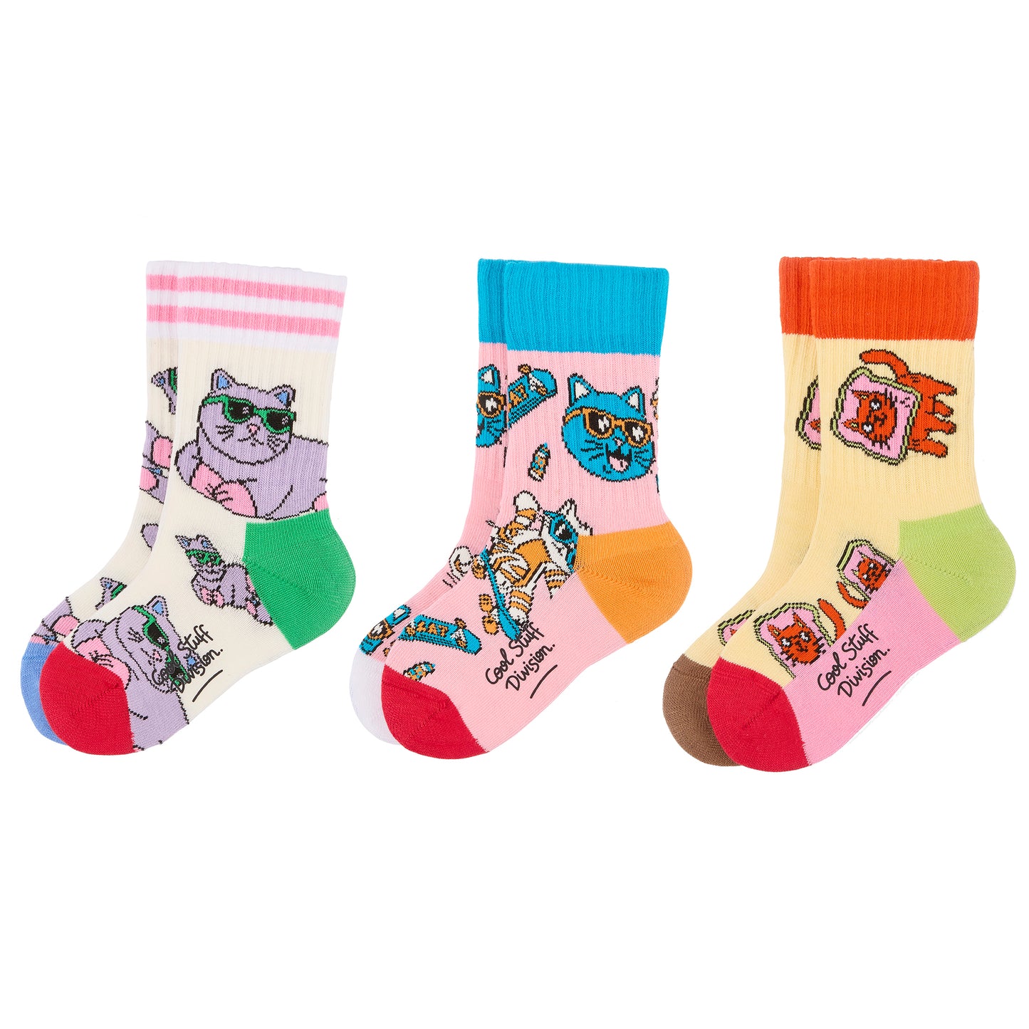 Set di 3 paia di calzini per bambini con motivi di gatti – vista piatta