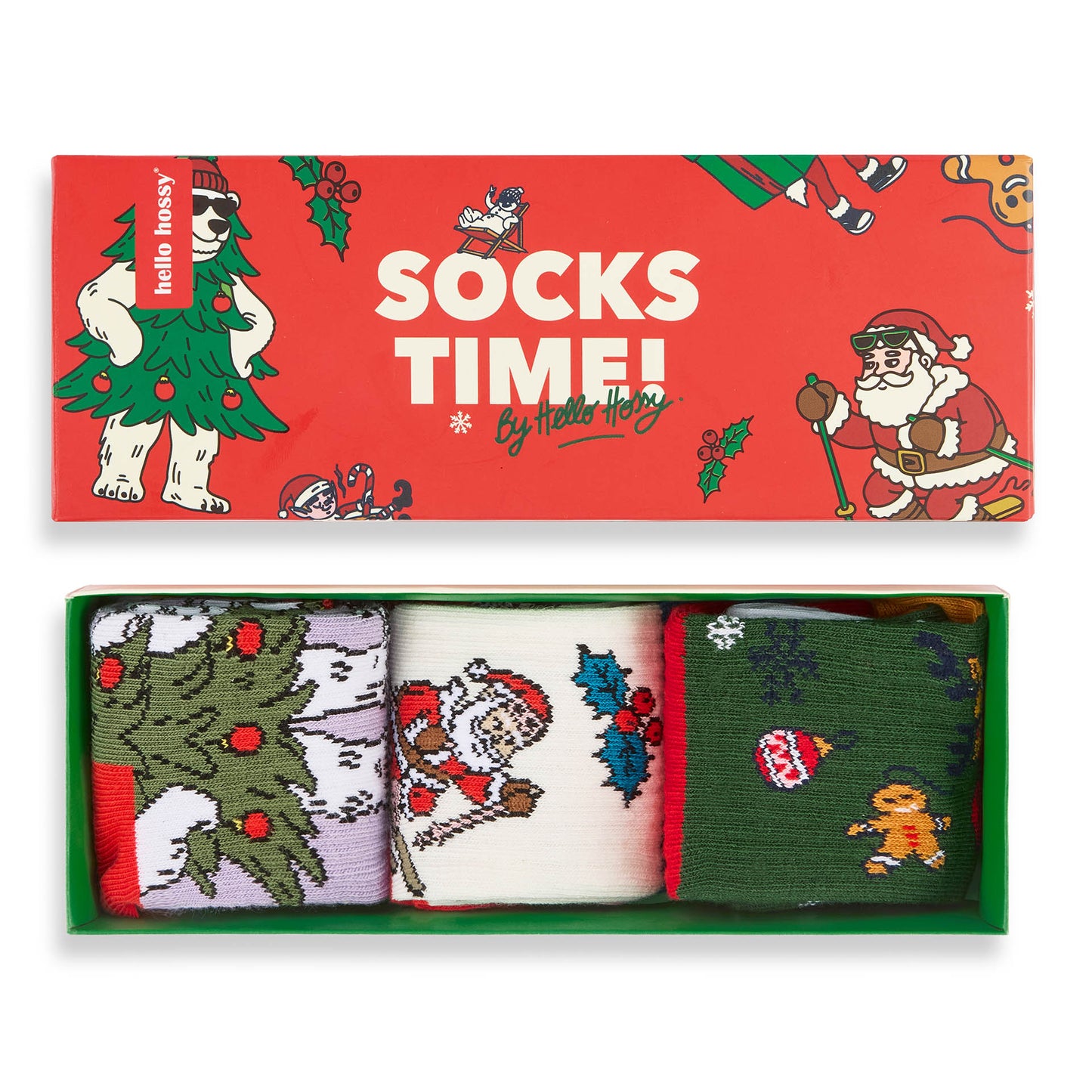 Set di 3 paia di calzini per bambini motivo Natale nella loro confezione regalo – vista dall'alto