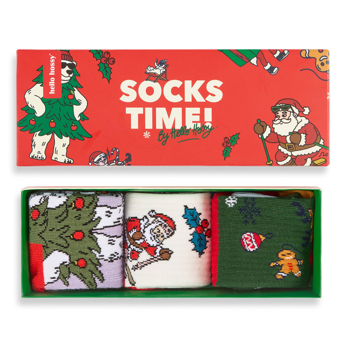 Set di 3 paia di calzini per bambini motivo Natale nella loro confezione regalo – vista dall'alto