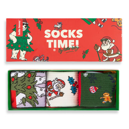 Set di 3 paia di calzini per bambini motivo Natale nella loro confezione regalo – vista dall'alto