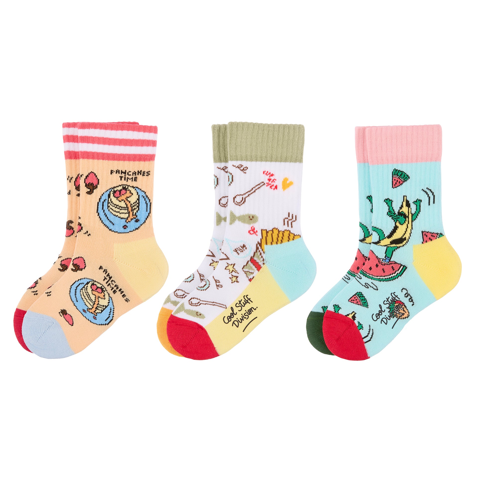 Set di 3 paia di calzini per bambini con motivi cibo – vista dall'alto