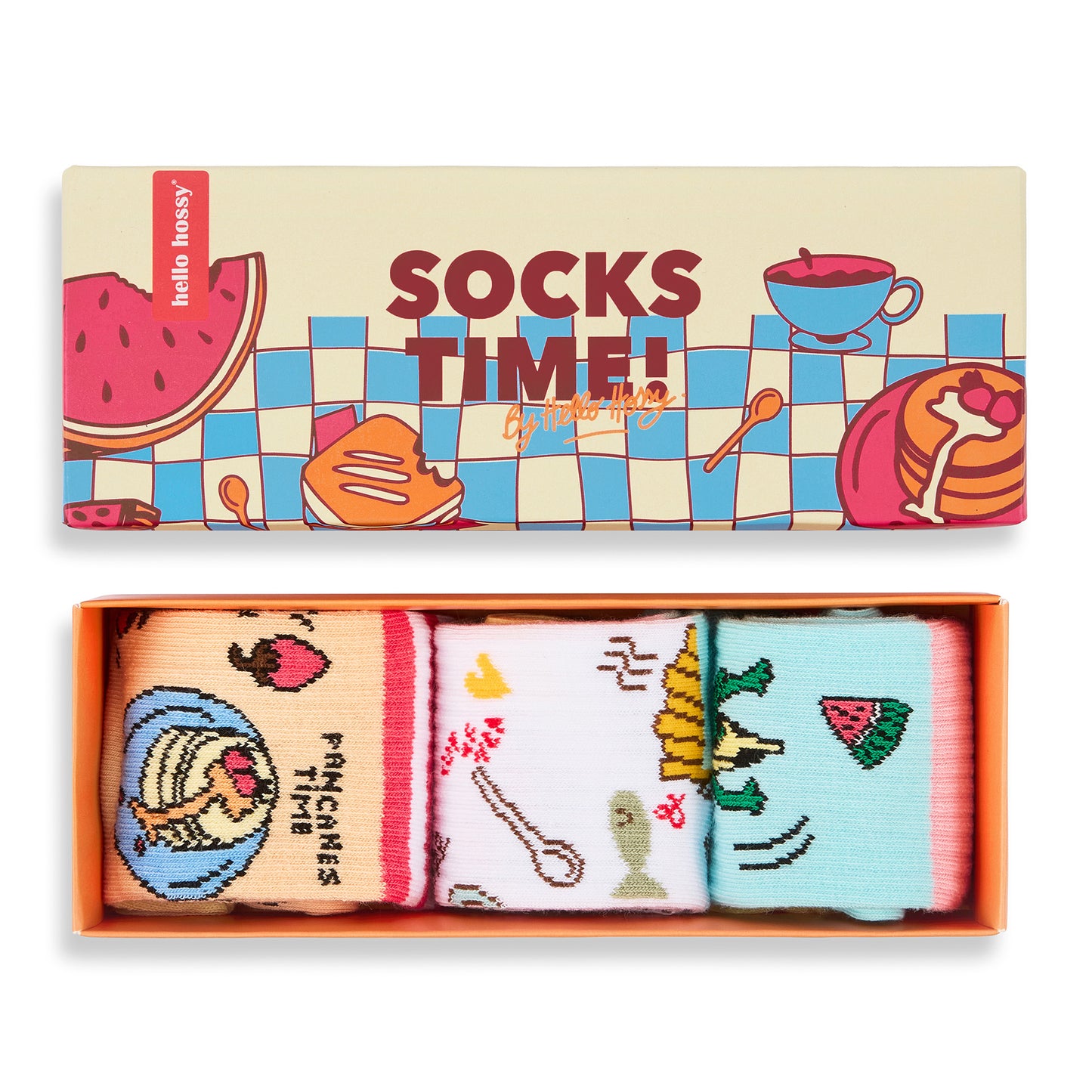 Set di 3 paia di calzini per bambini con motivi cibo nella loro confezione regalo – vista dall'alto