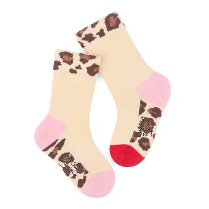 Paio di calzini Beige per bambini, motivo leopard, talloni e punte a contrasto rosso e rosa – vista dall'alto