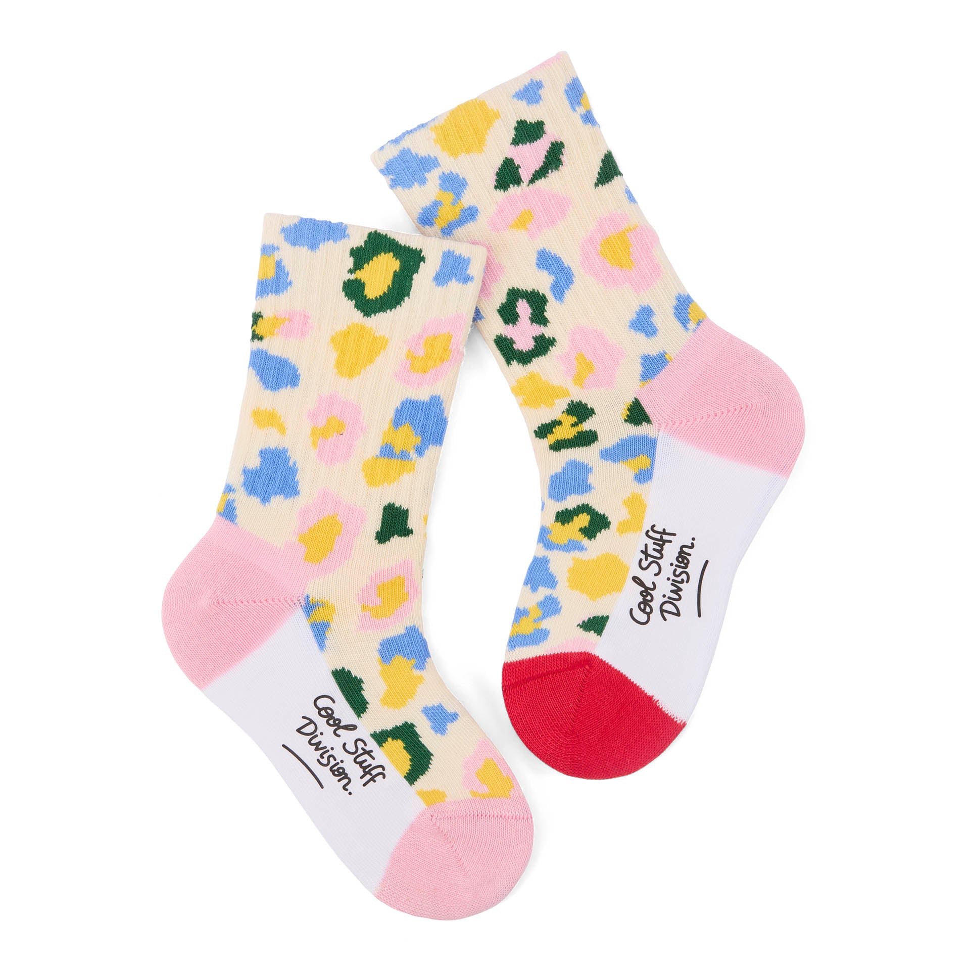 Paio di calzini per bambini, motivo leopard dai colori pastel, talloni e punte a contrasto rosso e rosa – vista piatta
