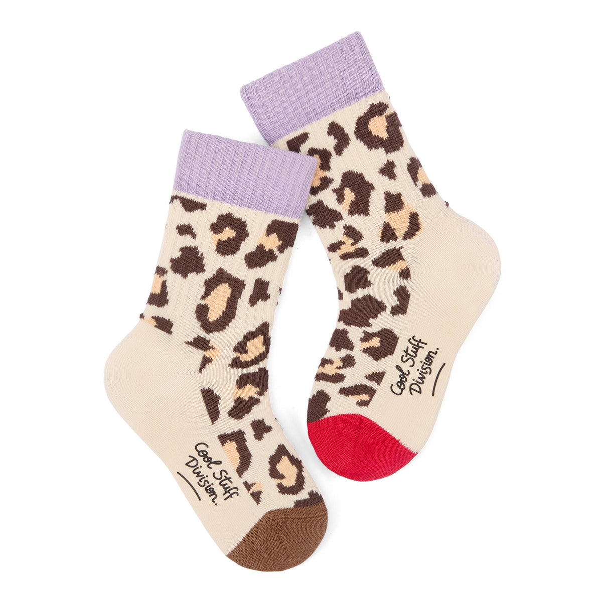 Paio di calzini per bambino, stampa leopard marrone e Beige, talloni e punte a contrasto rosso e marrone, bordo a coste color lilla – vista dall'alto