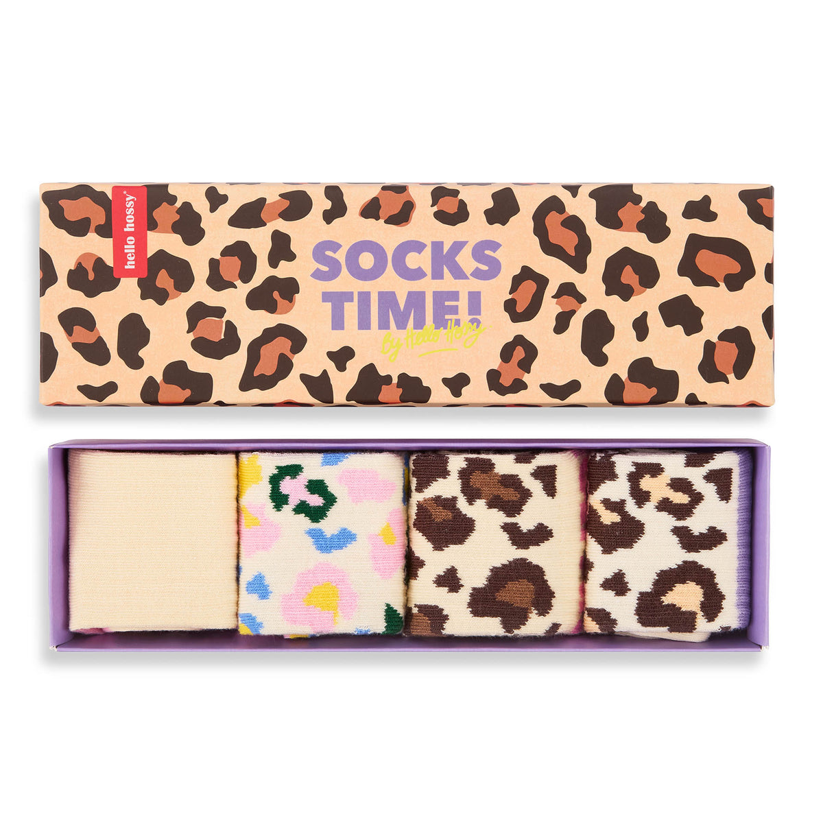 Set di 4 paia di calzini per bambini motivo leopard nel loro cofanetto – vista dall'alto