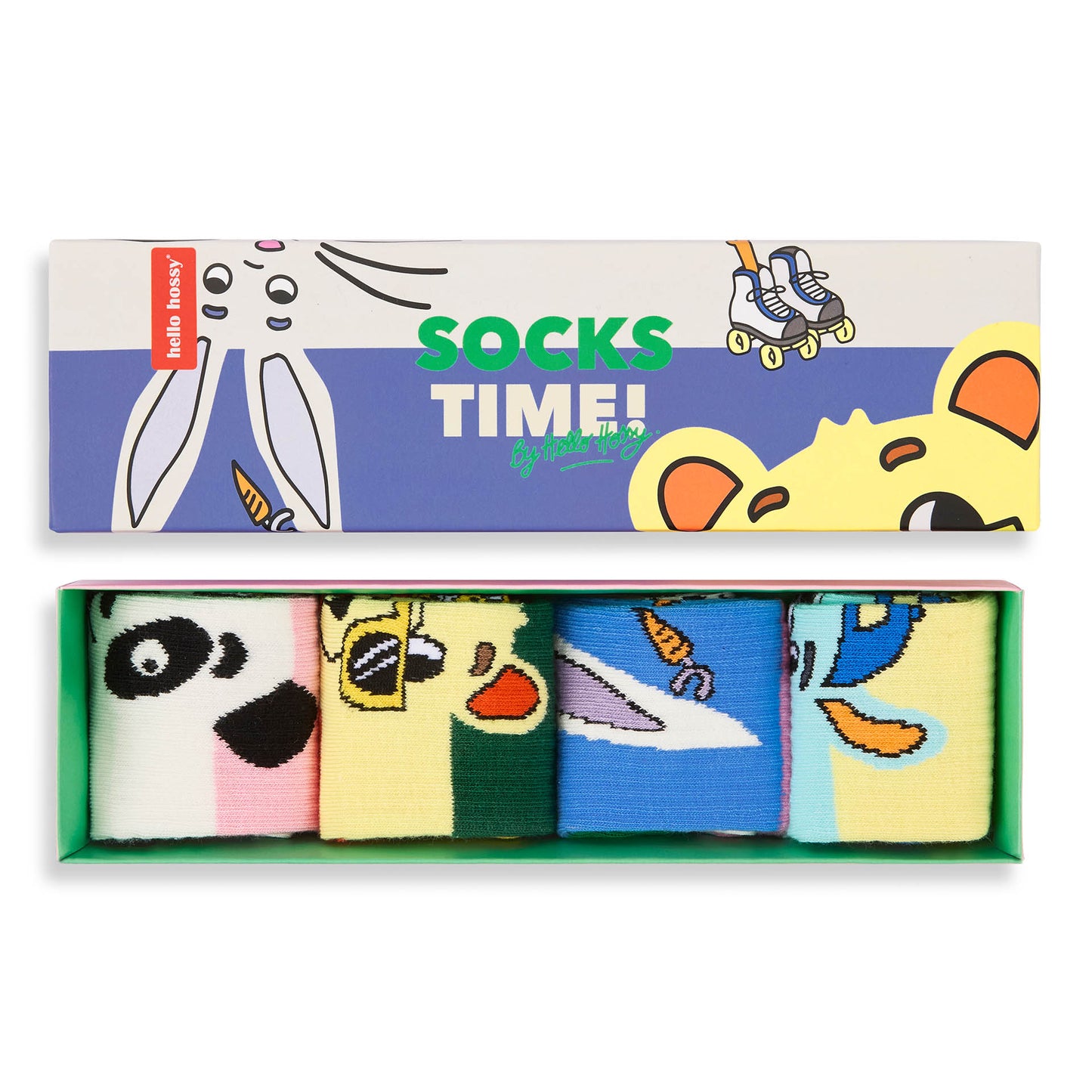 Set di 4 paia di calzini per bambini motivi mascotte nel loro cofanetto – vista dall'alto