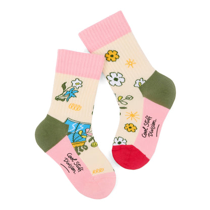 Paio di calzini Beige a fiori per bambini, talloni e punte a contrasto rosso e rosa, bordo superiore rosa – vista piatta