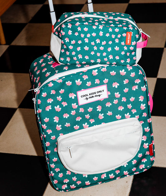Valigia bambino verde motivo a fiori con astuccio abbinato Hello Hossy