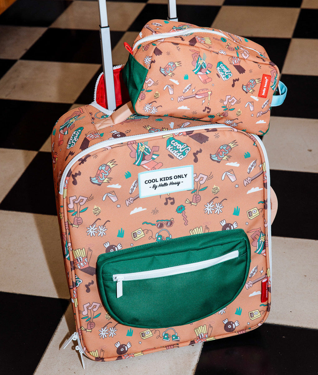 Valigia bambino marrone motivo musica tasca verde astuccio coordinato Hello Hossy