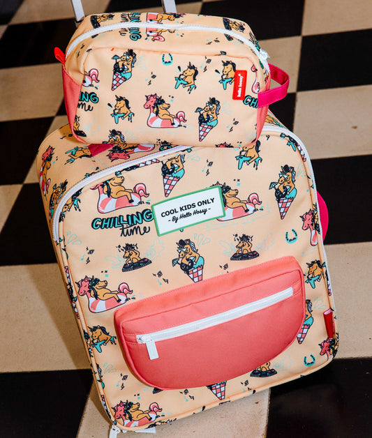 Valigia per bambini con stampa di unicorni color pesca, tasca corallo, astuccio coordinato Hello Hossy