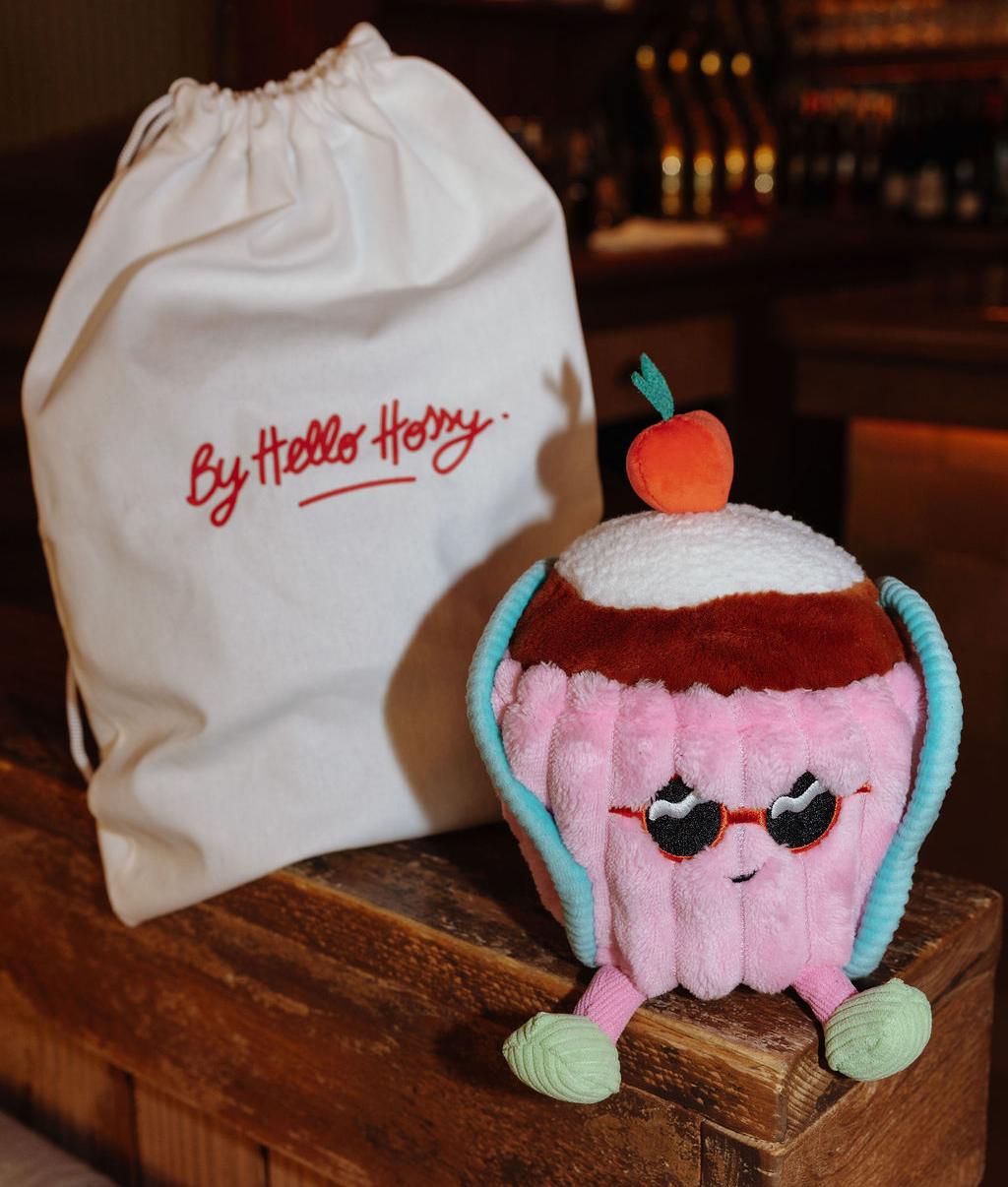 Peluche a forma di torta Cherry Cake accanto al suo sacchetto riutilizzabile - foto d'ambiente - Hello Hossy