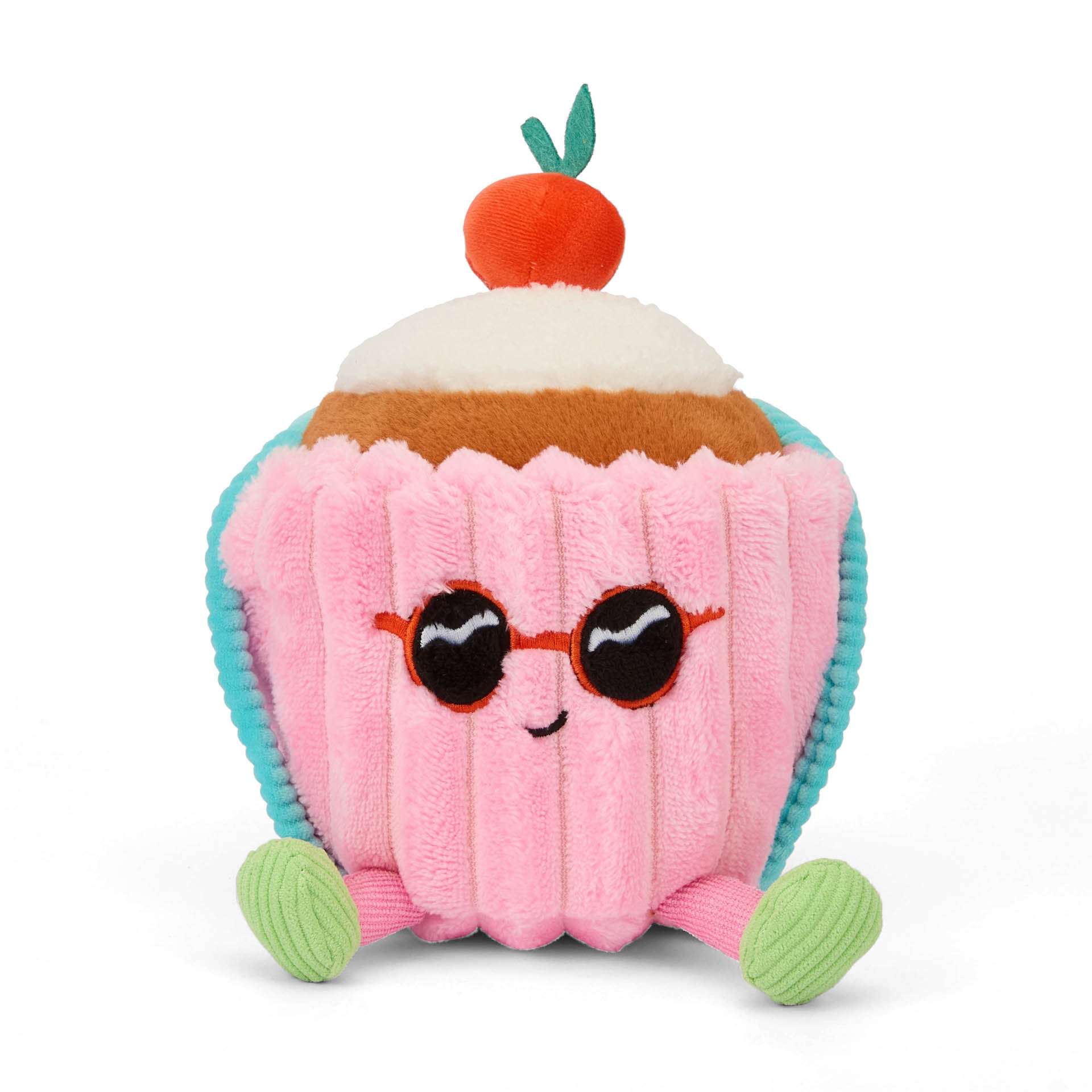 Peluche originale per bambini Hello Hossy a forma di torta Cherry Cake - vista frontale, appoggiata