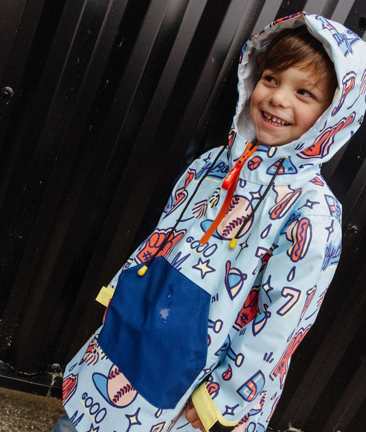 Poncho antipioggia bambino blu stampato sport grande tasca cappuccio Hello Hossy