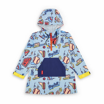Poncho antipioggia blu per bambini con stampa baseball e tasca frontale blu Hello Hossy