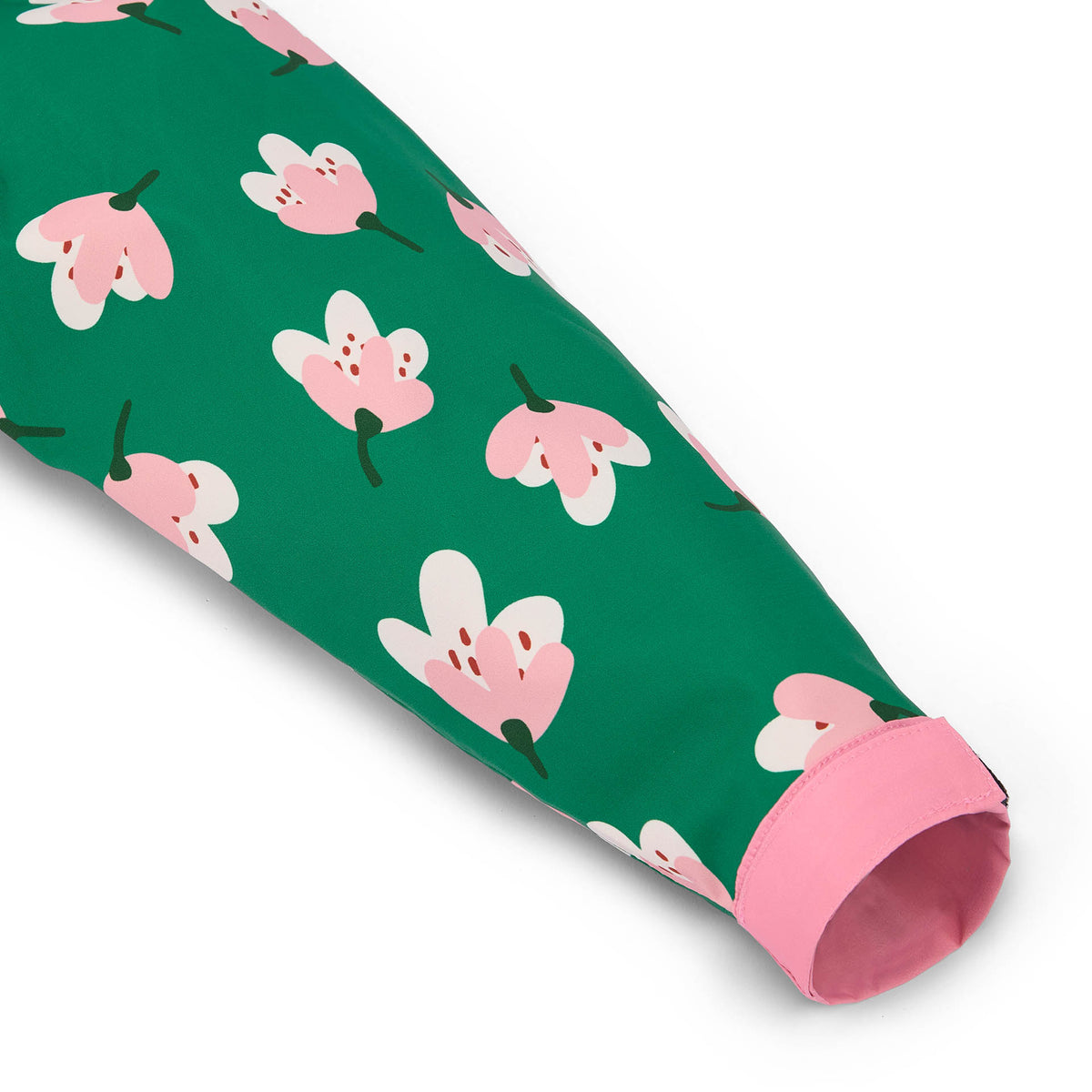 Manica di poncho antipioggia bambino verde con stampa fiori, polsino rosa Hello Hossy