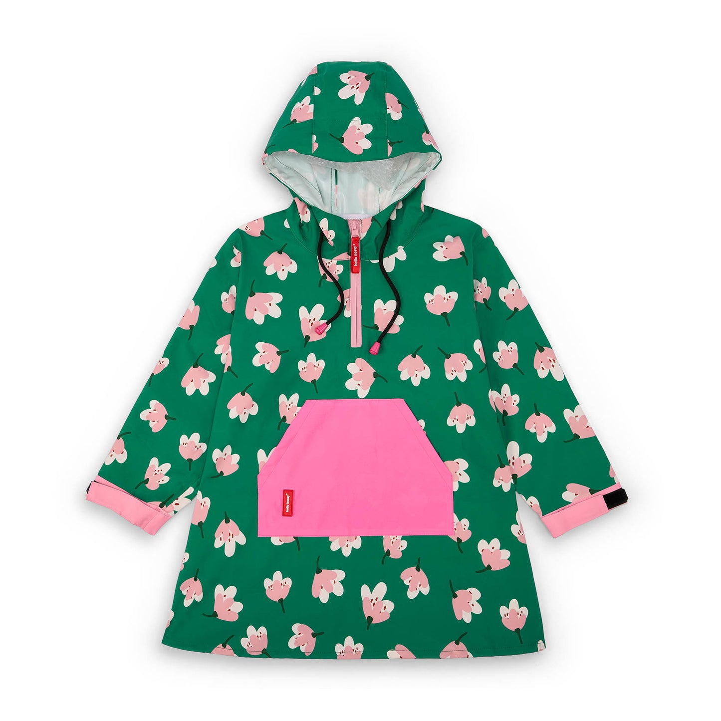 Poncho antipioggia per bambini verde stampato a fiori, tasca rosa, cappuccio regolabile Hello Hossy