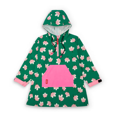 Poncho antipioggia per bambini verde stampato a fiori, tasca rosa, cappuccio regolabile Hello Hossy