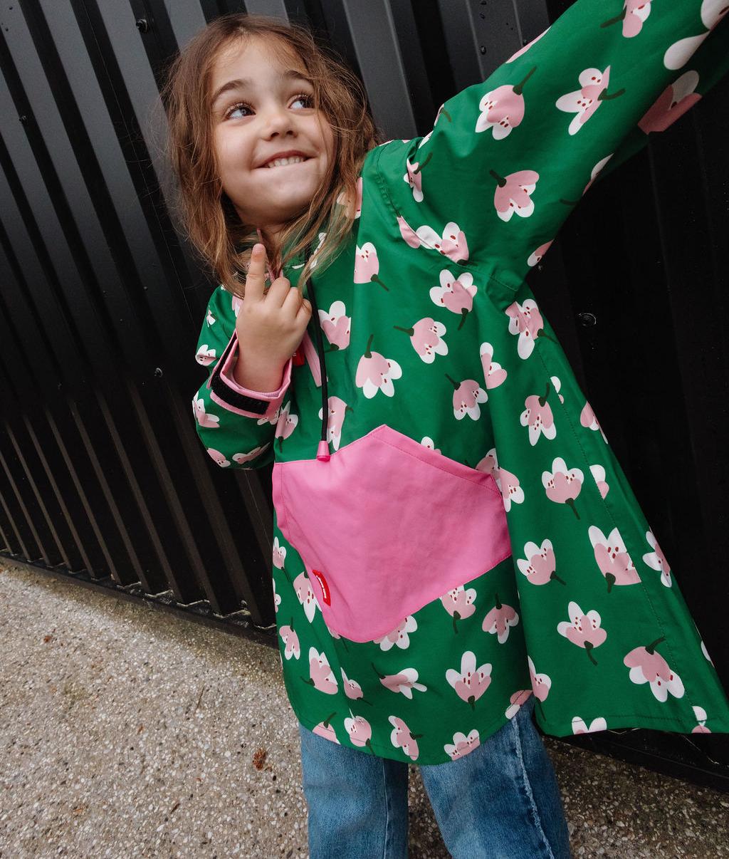 Poncho antipioggia bambino verde motivo a fiori tasca a marsupio rosa Hello Hossy