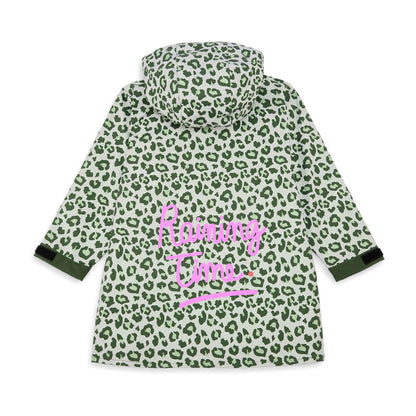 Poncho antipioggia bambino verde con motivo leopard e scritta rosa Hello Hossy