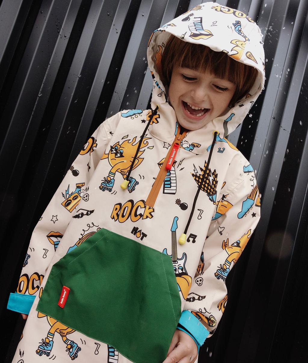 Poncho antipioggia per bambini color crema stampato musica, tasca verde, cappuccio Hello Hossy