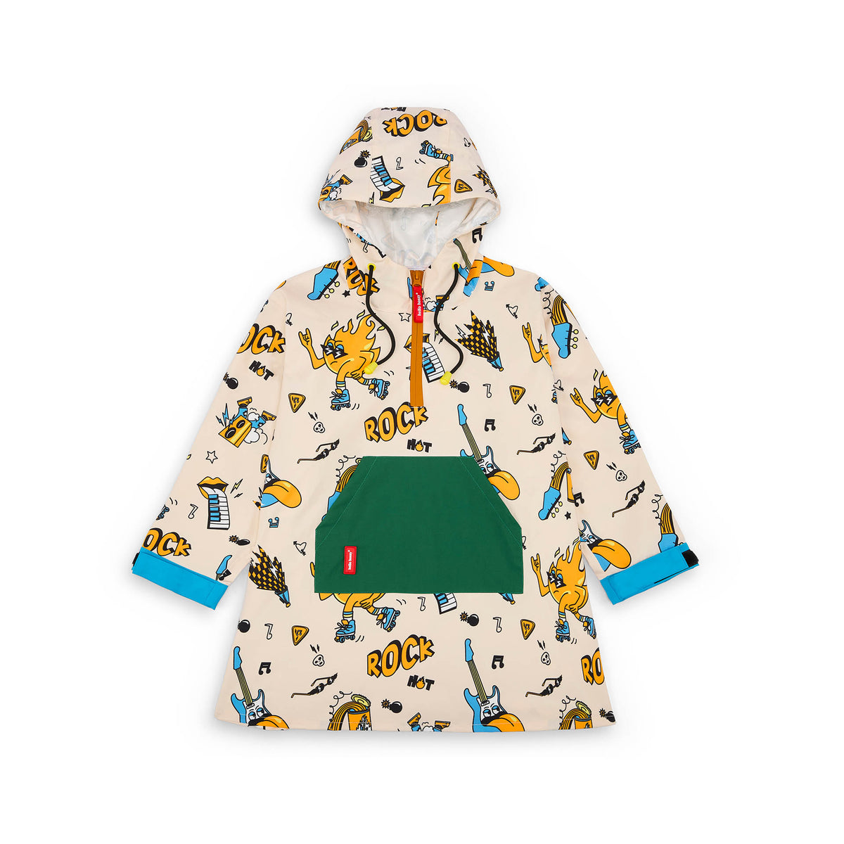 Poncho antipioggia per bambini color crema, stampa musica, tasca a marsupio verde Hello Hossy