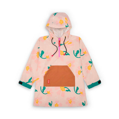 Poncho antipioggia rosa per bambini con motivo a fiori, tasca color cammello Hello Hossy