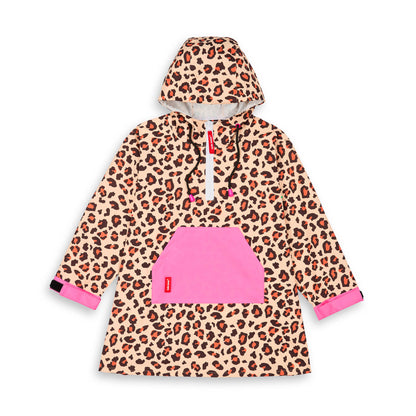 Poncho antipioggia impermeabile con cappuccio leopard per bambino e genitore – vista piatta, frontale