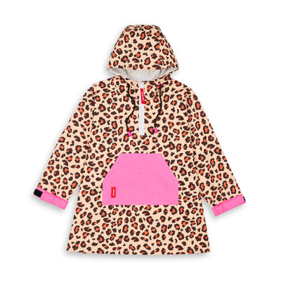 Poncho antipioggia impermeabile con cappuccio leopard per bambino e genitore – vista piatta, frontale