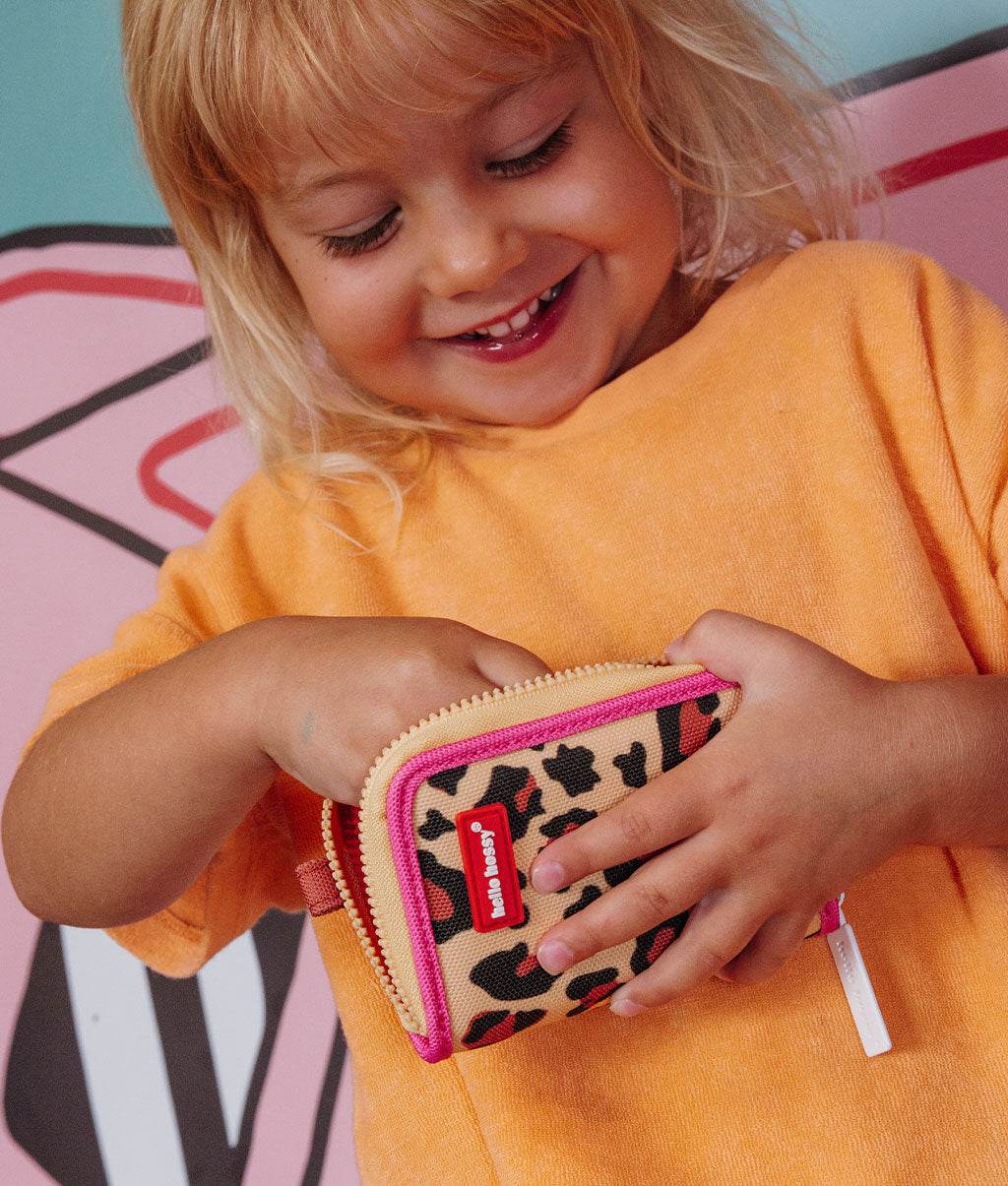 Portamonete bambino Beige stampato leopard bordo rosa Hello Hossy