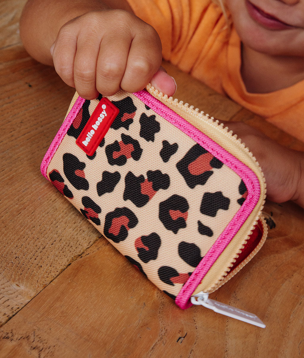 Portamonete bambino Beige con motivo leopard e bordatura rosa Hello Hossy