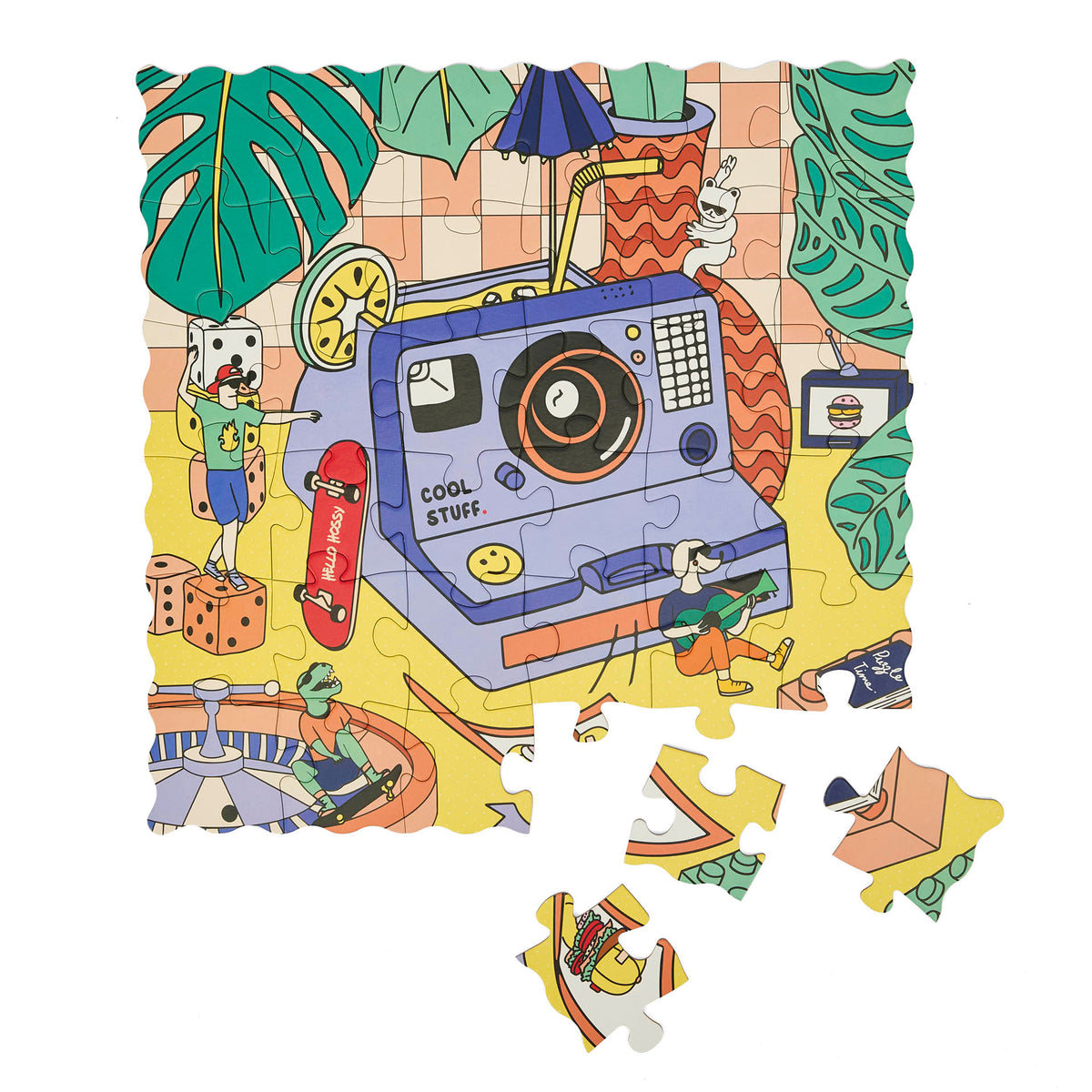 Puzzle per bambini Hello Hossy "Click & Chill" parzialmente completato – vista dall'alto – sfondo bianco