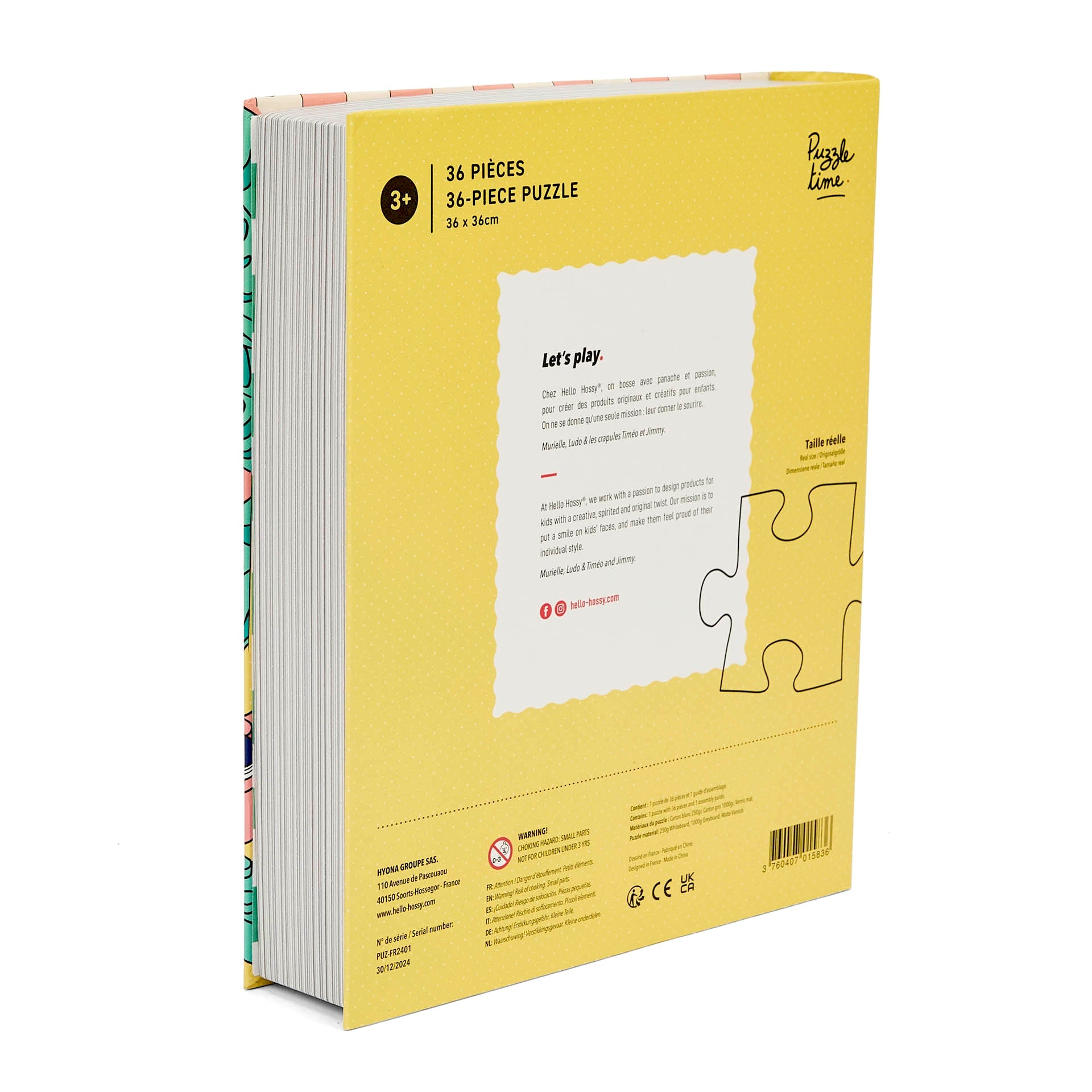 Puzzle per bambini Hello Hossy in formato libro – 36 pezzi – retro illustrato con messaggio del brand – vista posteriore