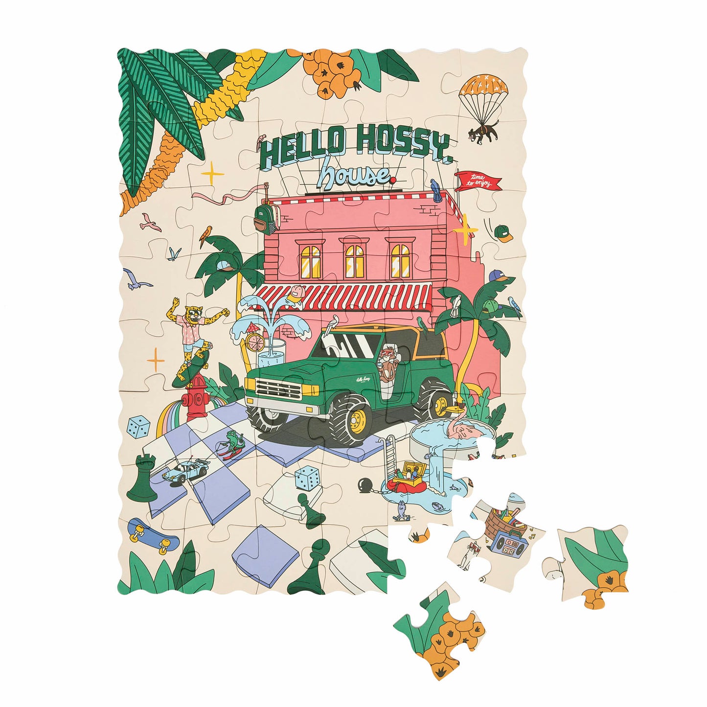 Puzzle per bambini Hello Hossy "Hello Hossy House" parzialmente assemblato – vista dall'alto – sfondo bianco