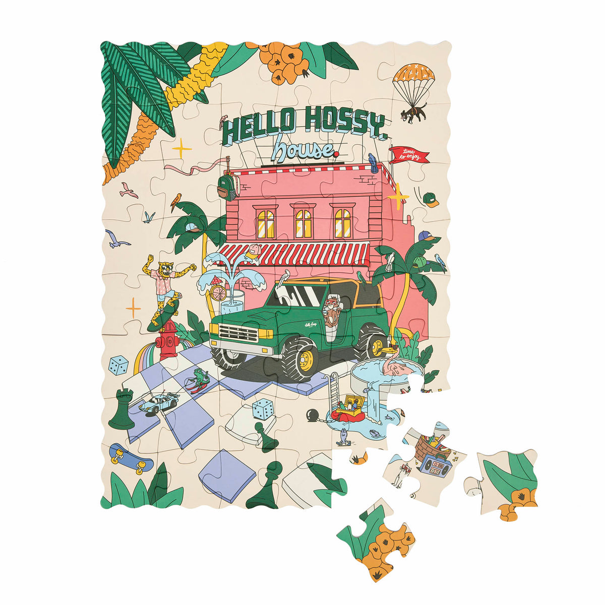 Puzzle per bambini Hello Hossy "Hello Hossy House" parzialmente assemblato – vista dall'alto – sfondo bianco