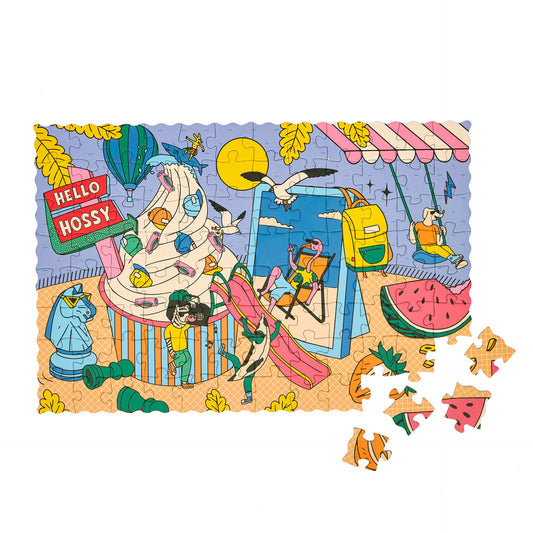 Puzzle per bambini Hello Hossy "Ice Cream Day" parzialmente assemblato – vista dall'alto – sfondo bianco