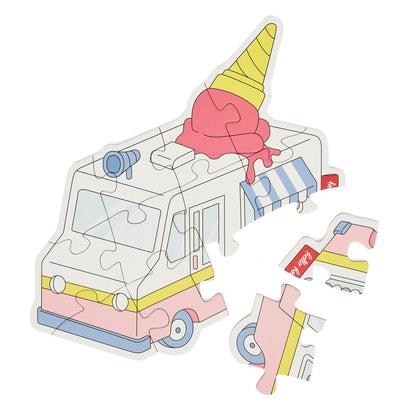 Puzzle evolutivo per bambino Hello Hossy "Just Enjoy", a forma di camioncino dei gelati, parzialmente assemblato – vista dall'alto – sfondo bianco