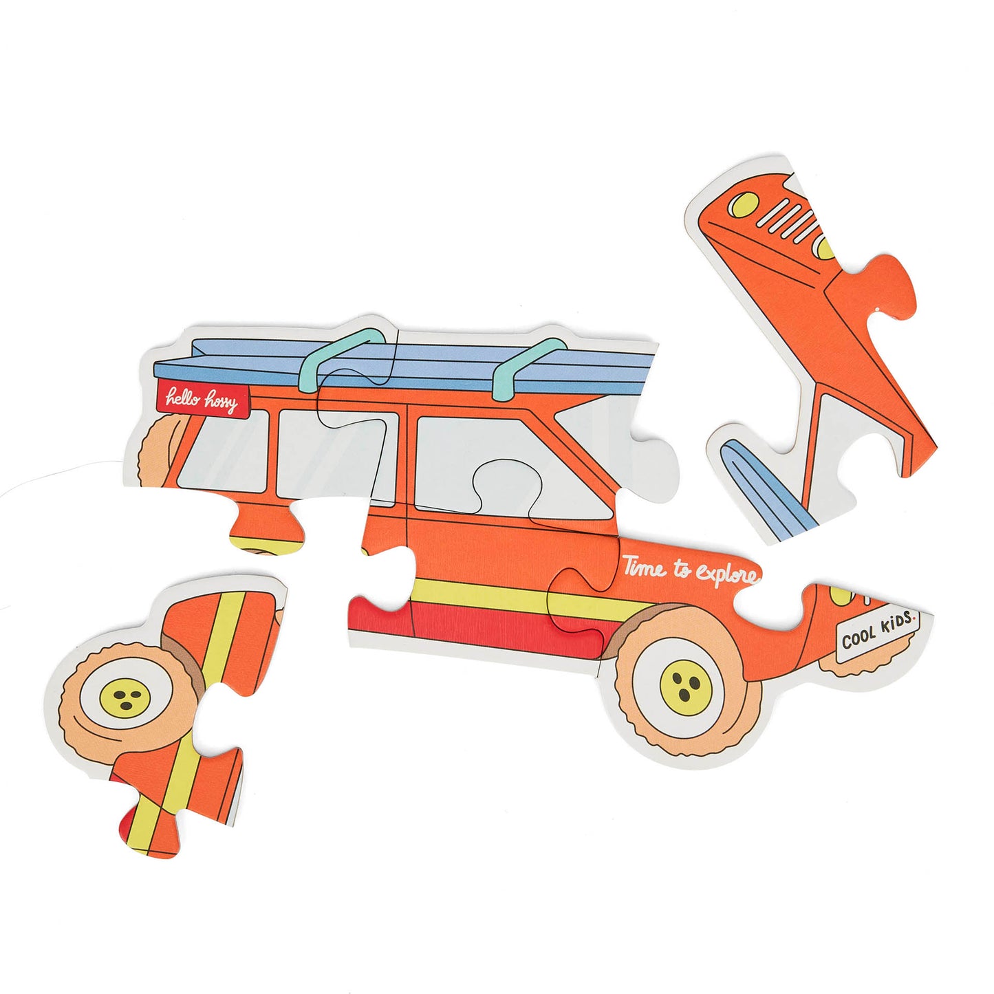 Puzzle evolutivo per bambini Hello Hossy "Just Enjoy", a forma di auto, parzialmente assemblato – vista dall'alto – sfondo bianco