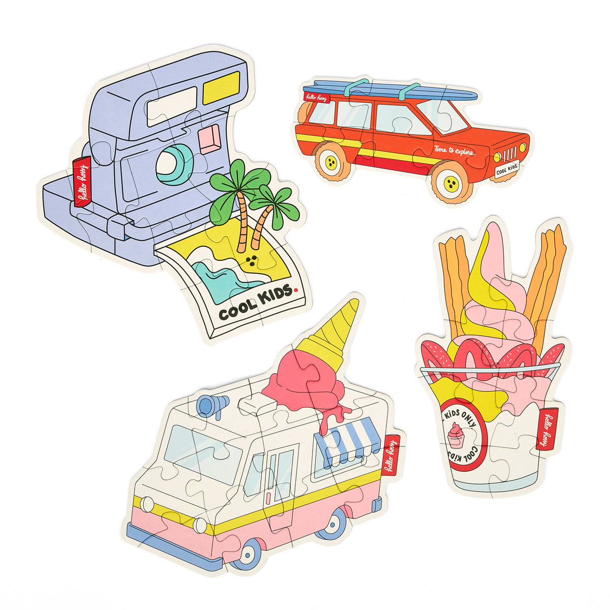Puzzle evolutivi per bambini Hello Hossy "Just Enjoy" completati – vista dall'alto – sfondo bianco