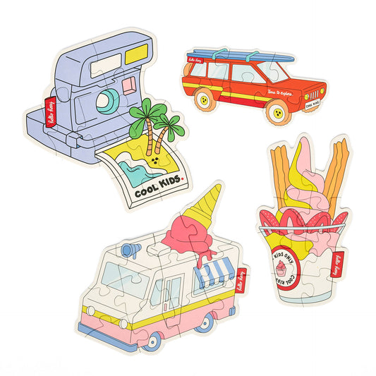 Puzzle evolutivi per bambini Hello Hossy "Just Enjoy" completati – vista dall'alto – sfondo bianco