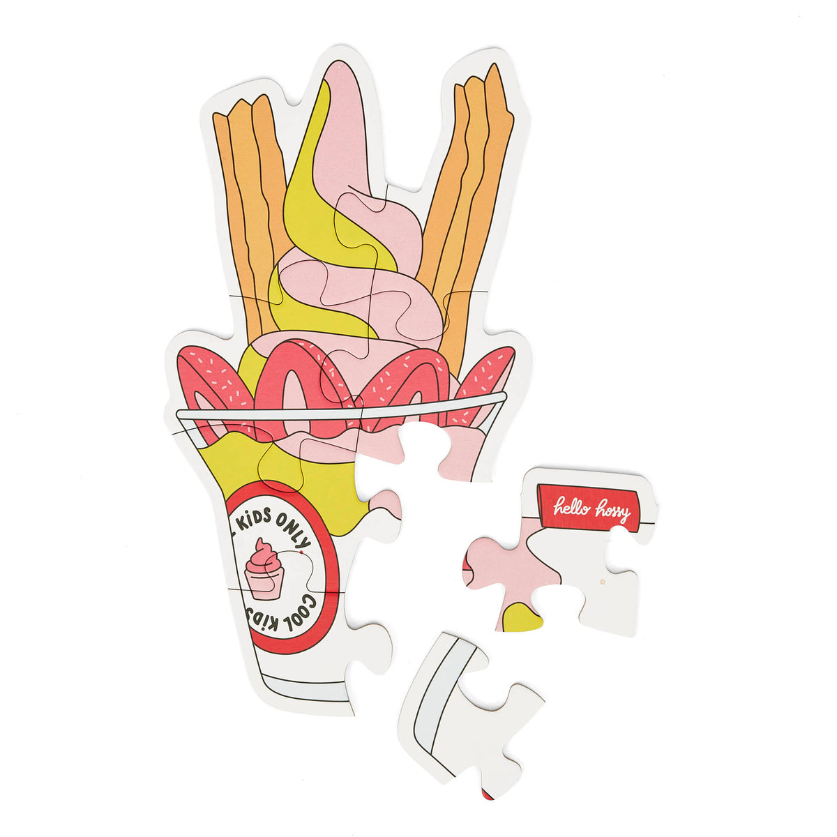 Puzzle evolutivo per bambini Hello Hossy "Just Enjoy", a forma di gelato, parzialmente assemblato – vista dall'alto – sfondo bianco